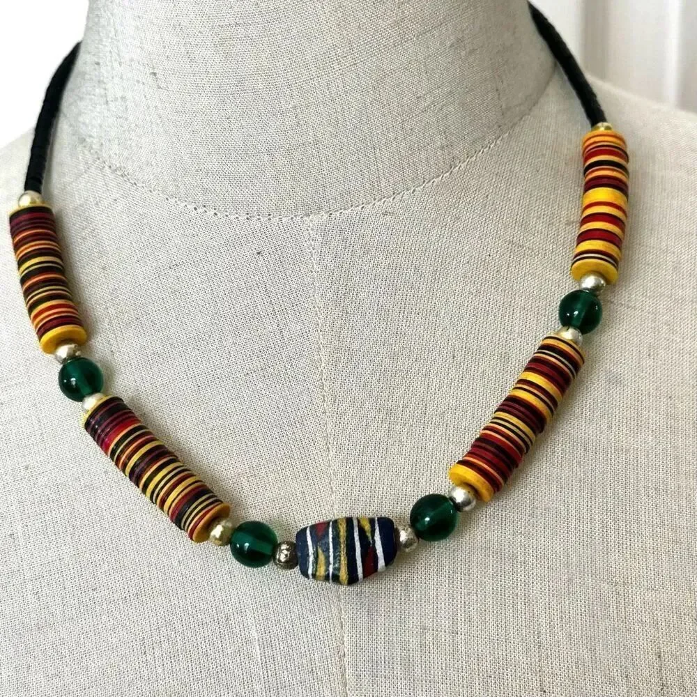 African coconut shell beaded disc necklace